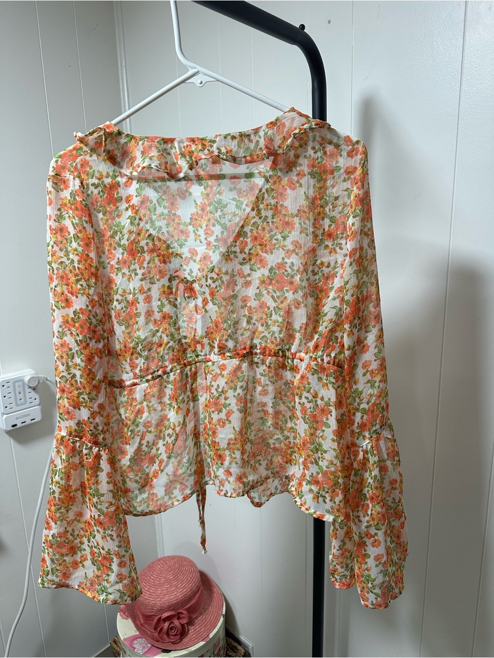 Dizzy Lizzy, Sheer Floral Tie-Front Blouse in Orange Floral